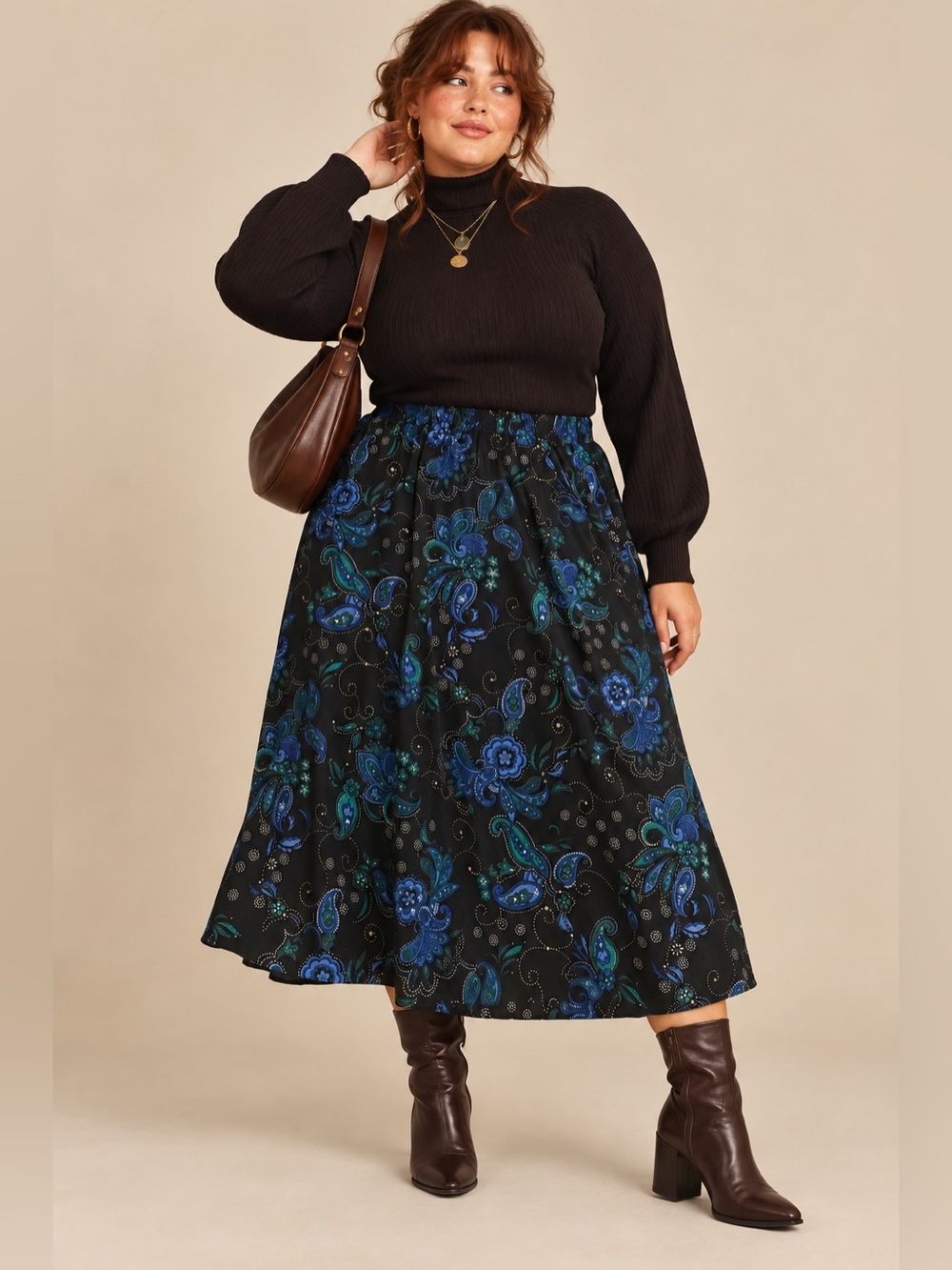 Vintage Y2K Black Blue Paisley Floral Midi Skirt XL Whimsigoth Boho Fall Style